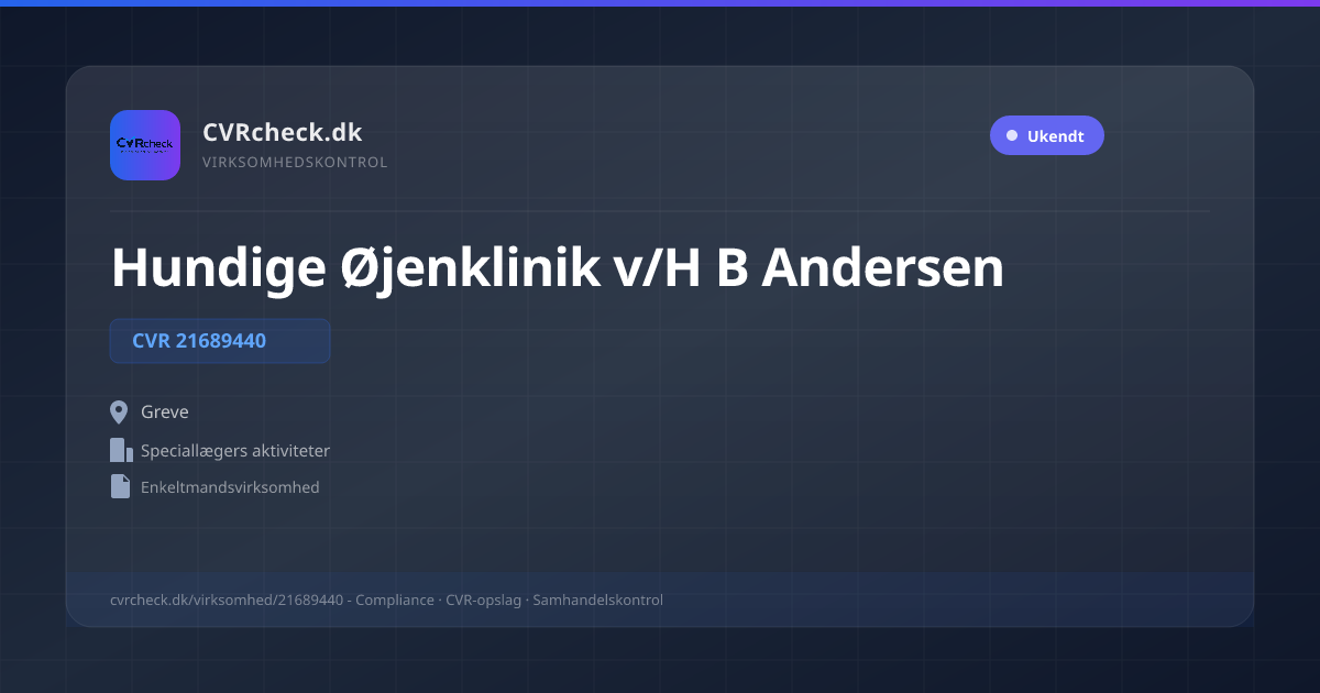 Visitkort: Hundige Øjenklinik v/H B Andersen, CVR 21689440, Speciallægers aktiviteter, Greve