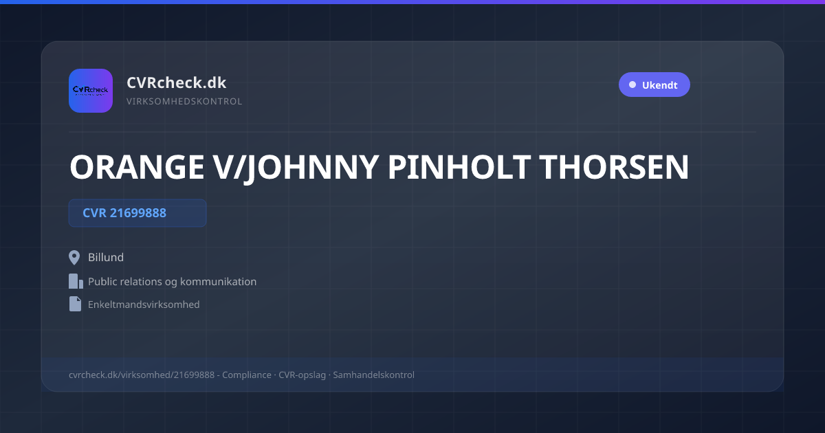 Visitkort: ORANGE V/JOHNNY PINHOLT THORSEN, CVR 21699888, Public relations og kommunikation, Billund