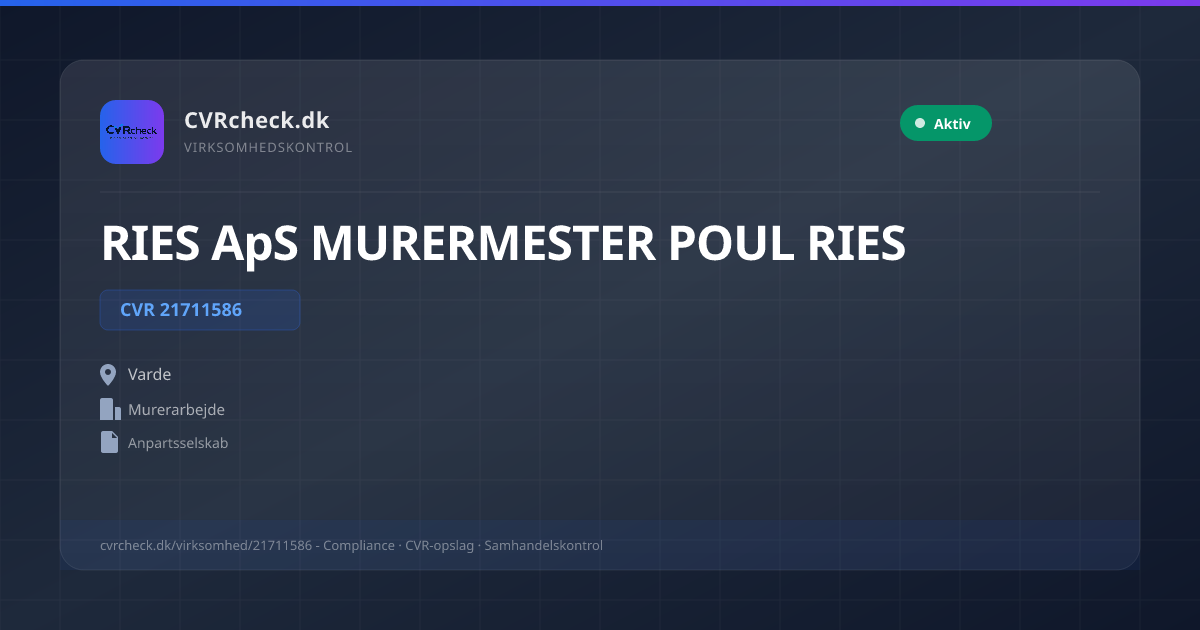 Visitkort: RIES ApS MURERMESTER POUL RIES, CVR 21711586, Murerarbejde, Varde, NORMAL