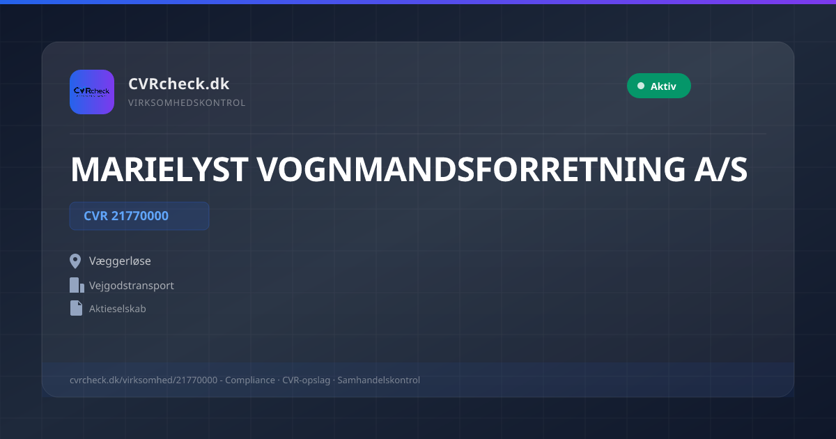Visitkort: MARIELYST VOGNMANDSFORRETNING A/S, CVR 21770000, Vejgodstransport, Væggerløse, NORMAL