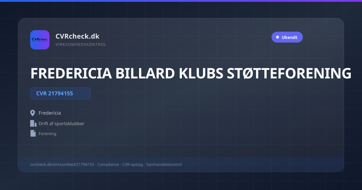 Visitkort: FREDERICIA BILLARD KLUBS STØTTEFORENING, CVR 21794155, Drift af sportsklubber, Fredericia