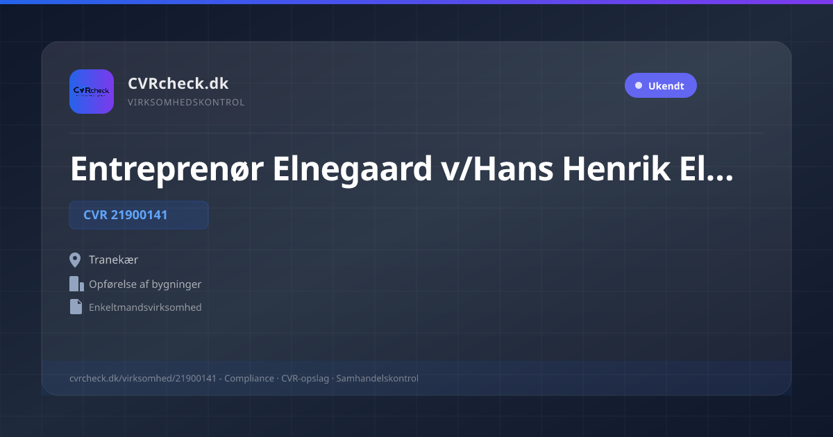 Visitkort: Entreprenør Elnegaard v/Hans Henrik Elnegaard, CVR 21900141, Opførelse af bygninger, Tranekær