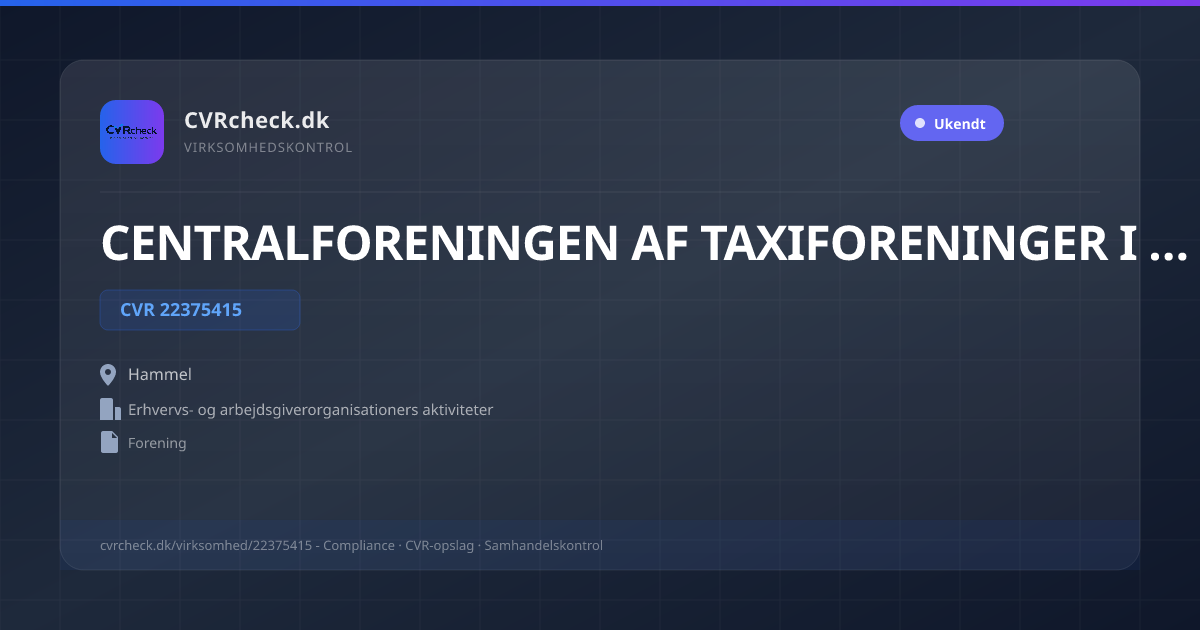 Visitkort: CENTRALFORENINGEN AF TAXIFORENINGER I DANMARK, CVR 22375415, Erhvervs- og arbejdsgiverorganisationers aktiviteter, Hammel