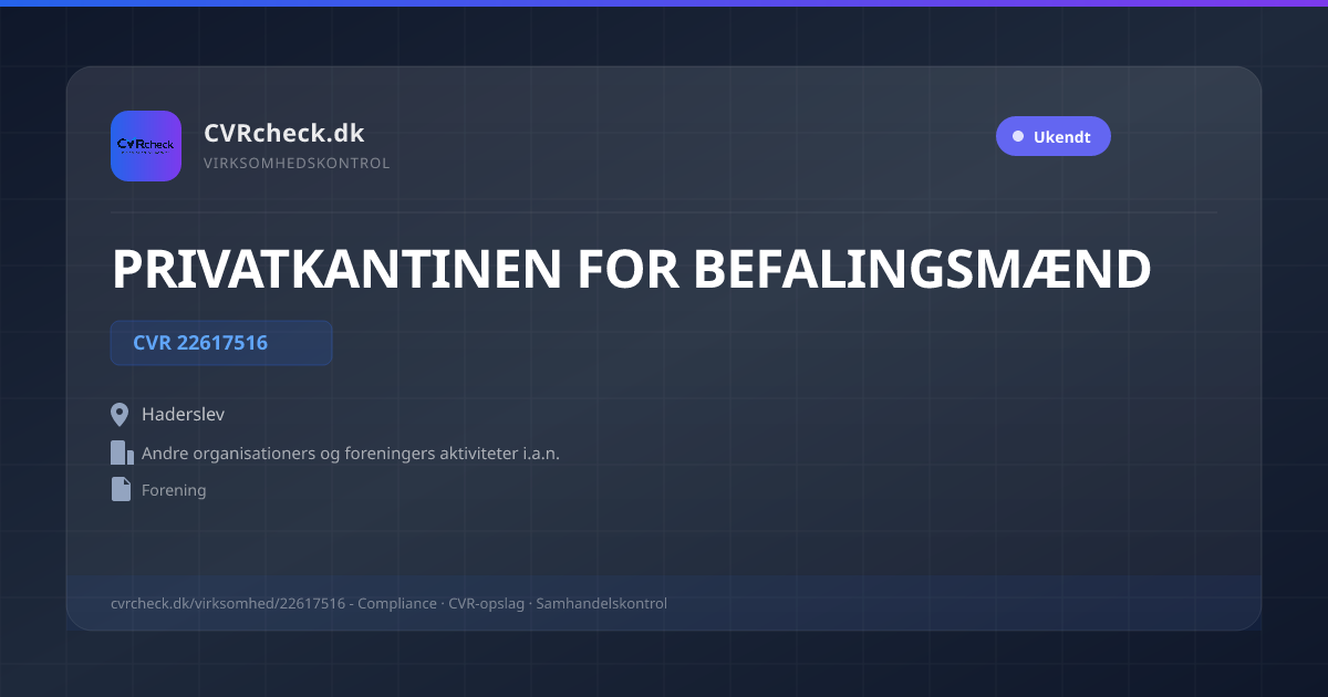 Visitkort: PRIVATKANTINEN FOR BEFALINGSMÆND, CVR 22617516, Andre organisationers og foreningers aktiviteter i.a.n., Haderslev