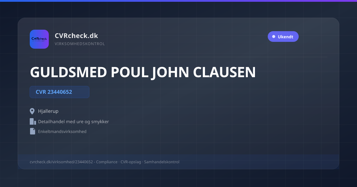 Visitkort: GULDSMED POUL JOHN CLAUSEN, CVR 23440652, Detailhandel med ure og smykker, Hjallerup