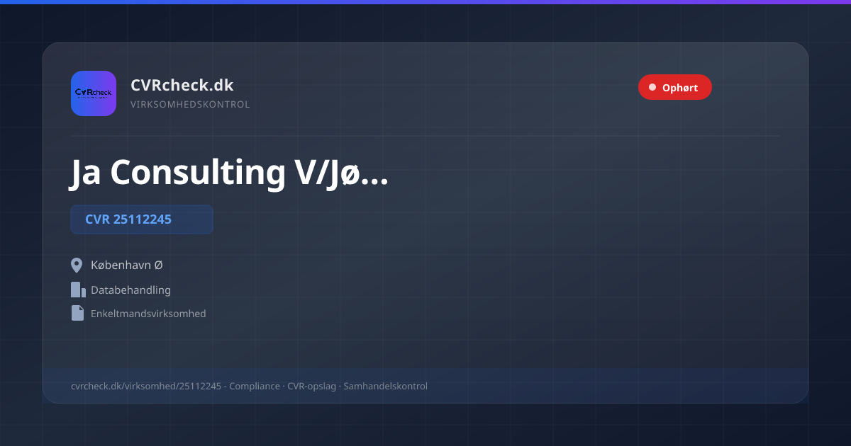 Visitkort: Ja Consulting V/Jørgen Andreasen, CVR 25112245, Databehandling, København Ø, OPHØRT