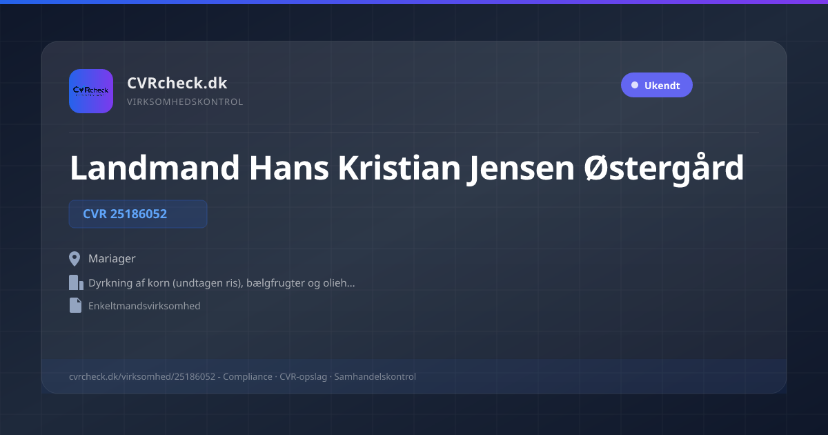 Visitkort: Landmand Hans Kristian Jensen Østergård, CVR 25186052, Dyrkning af korn (undtagen ris), bælgfrugter og olieholdige frø, Mariager