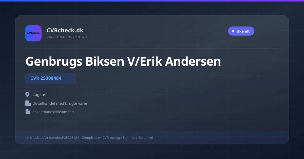 Visitkort: Genbrugs Biksen V/Erik Andersen, CVR 25308484, Detailhandel med brugte varer, Løgstør