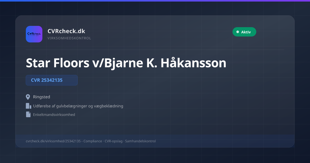 Visitkort: Star Floors v/Bjarne K. Håkansson, CVR 25342135, Udførelse af gulvbelægninger og vægbeklædning, Ringsted, Aktiv
