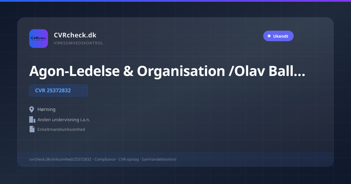 Visitkort: Agon-Ledelse & Organisation /Olav Ballisager, CVR 25372832, Anden undervisning i.a.n., Hørning