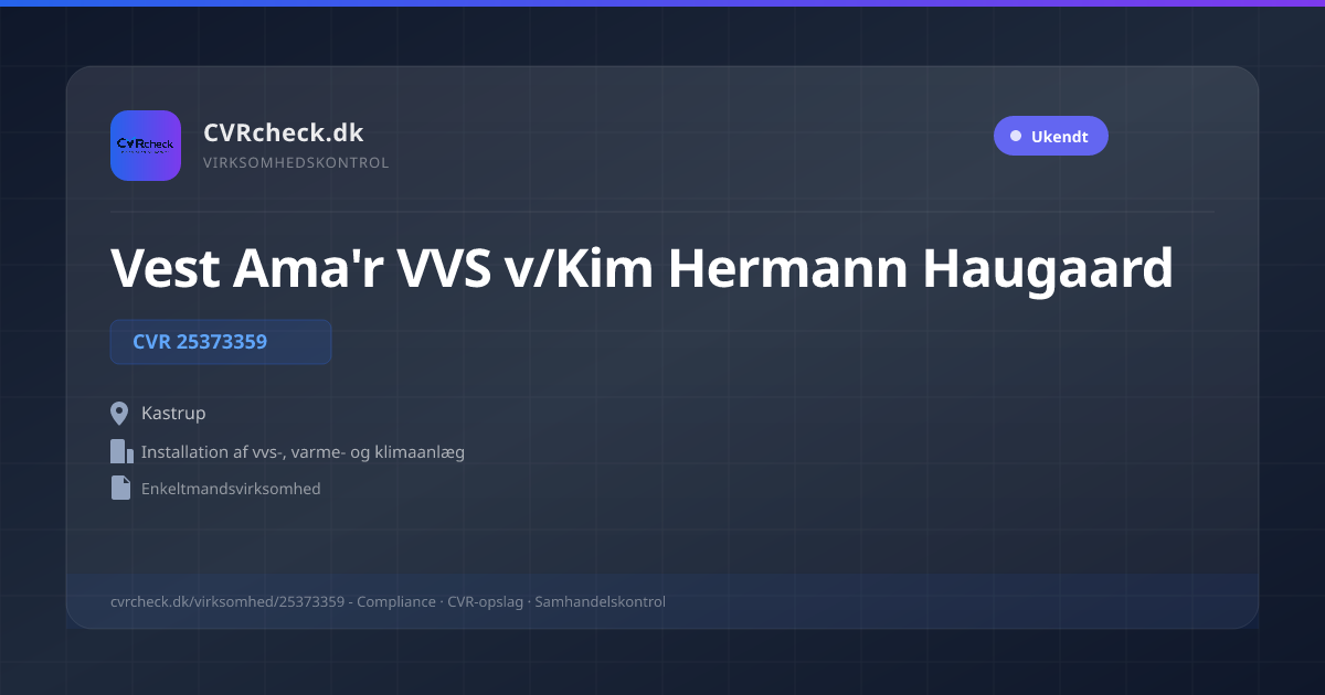 Visitkort: Vest Ama'r VVS v/Kim Hermann Haugaard, CVR 25373359, Installation af vvs-, varme- og klimaanlæg, Kastrup