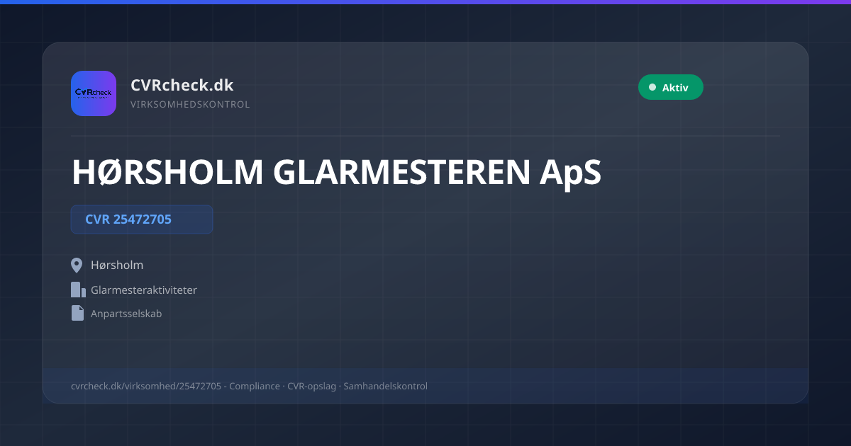 Visitkort: HØRSHOLM GLARMESTEREN ApS, CVR 25472705, Glarmesteraktiviteter, Hørsholm, NORMAL