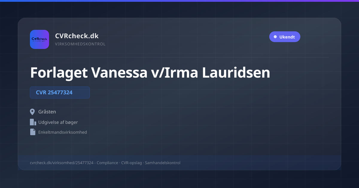 Visitkort: Forlaget Vanessa v/Irma Lauridsen, CVR 25477324, Udgivelse af bøger, Gråsten