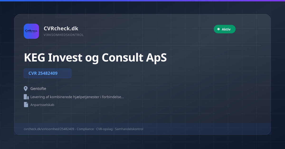 Visitkort: KEG Invest og Consult ApS, CVR 25482409, Levering af kombinerede hjælpetjenester i forbindelse med drift af fast ejendom, Gentofte, NORMAL