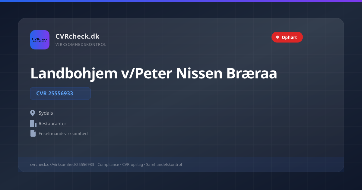 Visitkort: Landbohjem v/Peter Nissen Bræraa, CVR 25556933, Restauranter, Sydals, OPHØRT