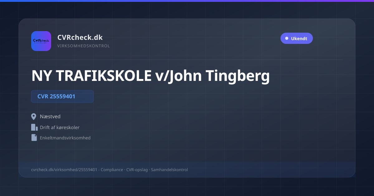 Visitkort: NY TRAFIKSKOLE v/John Tingberg, CVR 25559401, Drift af køreskoler, Næstved