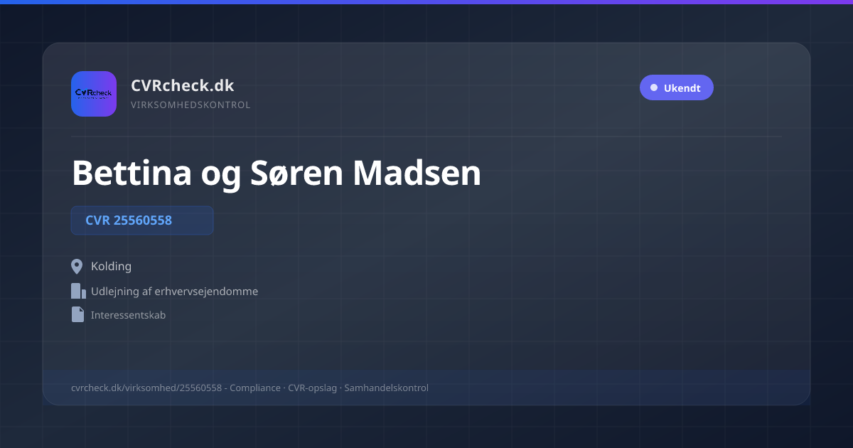 Visitkort: Bettina og Søren Madsen, CVR 25560558, Udlejning af erhvervsejendomme, Kolding