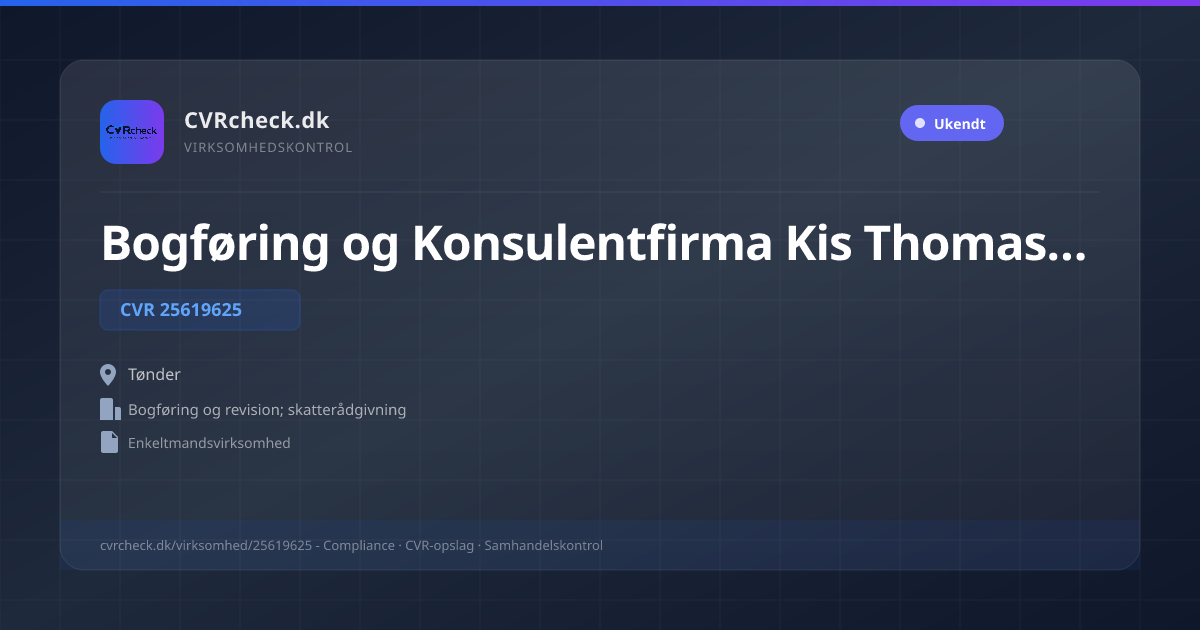 Visitkort: Bogføring og Konsulentfirma Kis Thomassen, CVR 25619625, Bogføring og revision; skatterådgivning, Tønder