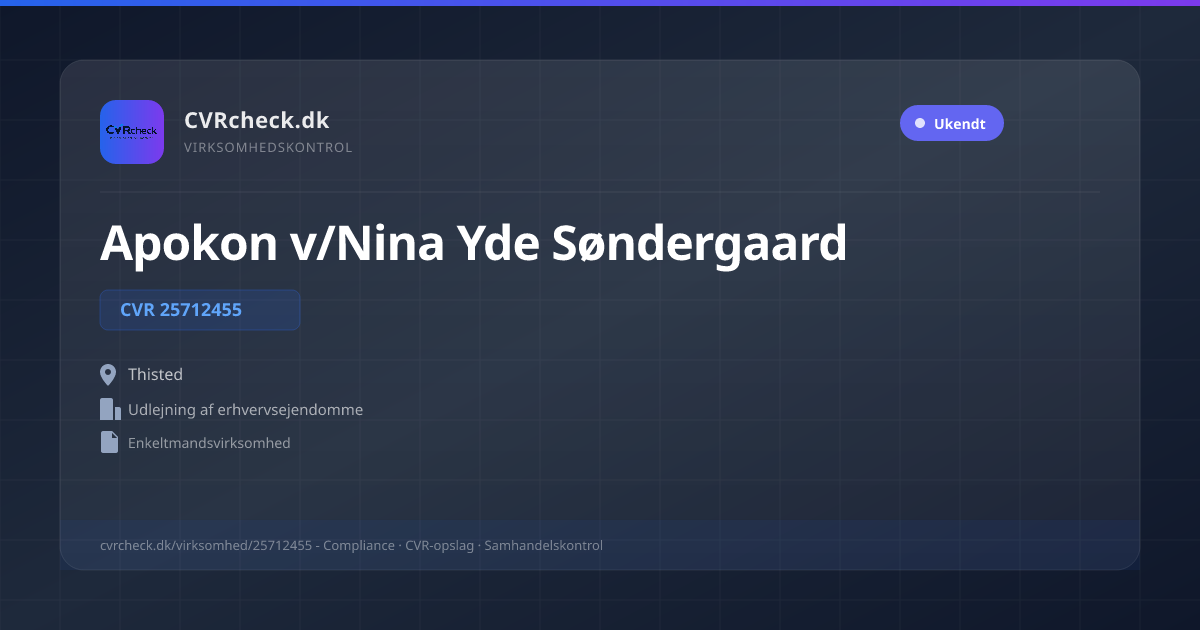 Visitkort: Apokon v/Nina Yde Søndergaard, CVR 25712455, Udlejning af erhvervsejendomme, Thisted