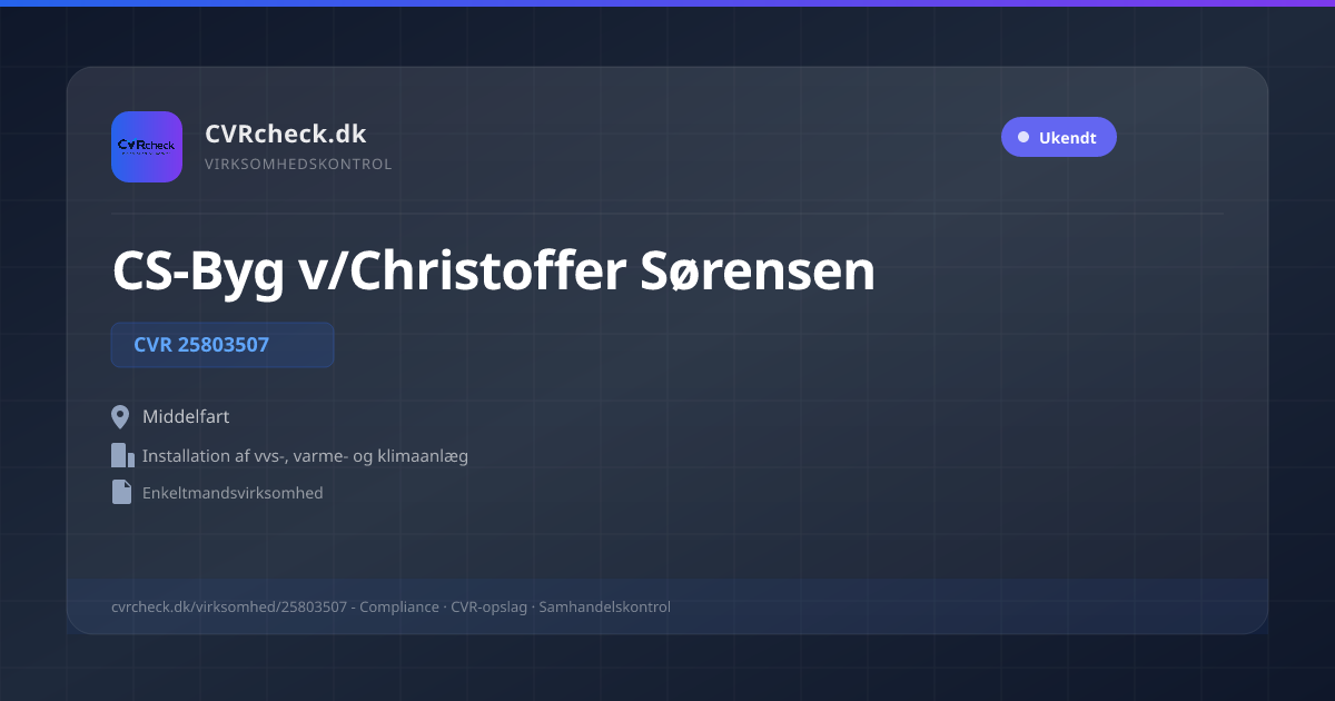 Visitkort: CS-Byg v/Christoffer Sørensen, CVR 25803507, Installation af vvs-, varme- og klimaanlæg, Middelfart
