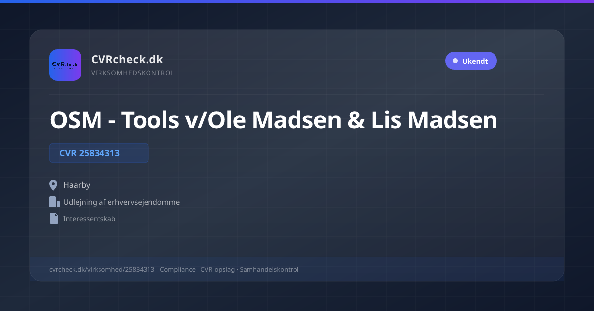 Visitkort: OSM - Tools v/Ole Madsen & Lis Madsen, CVR 25834313, Udlejning af erhvervsejendomme, Haarby
