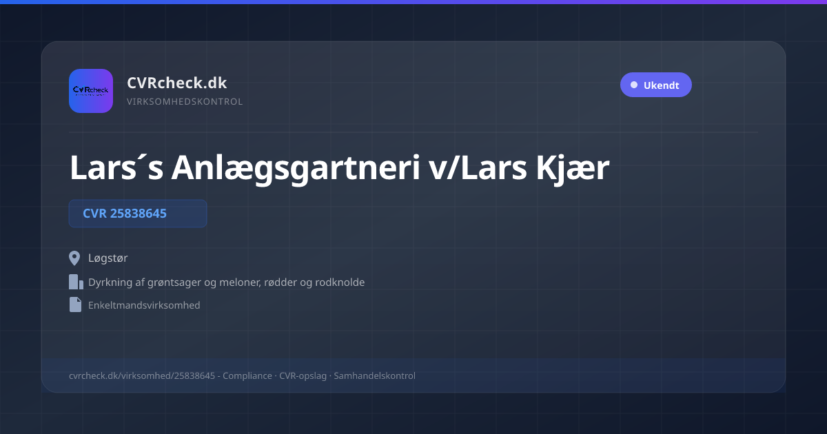 Visitkort: Lars´s Anlægsgartneri v/Lars Kjær, CVR 25838645, Dyrkning af grøntsager og meloner, rødder og rodknolde, Løgstør