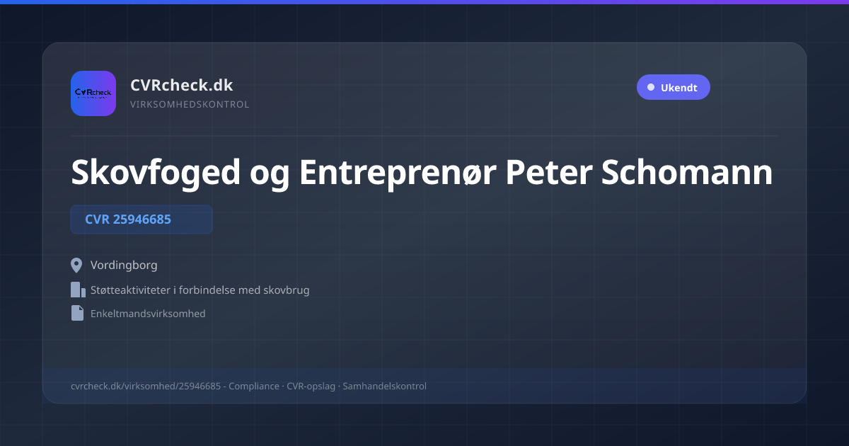 Visitkort: Skovfoged og Entreprenør Peter Schomann, CVR 25946685, Støtteaktiviteter i forbindelse med skovbrug, Vordingborg