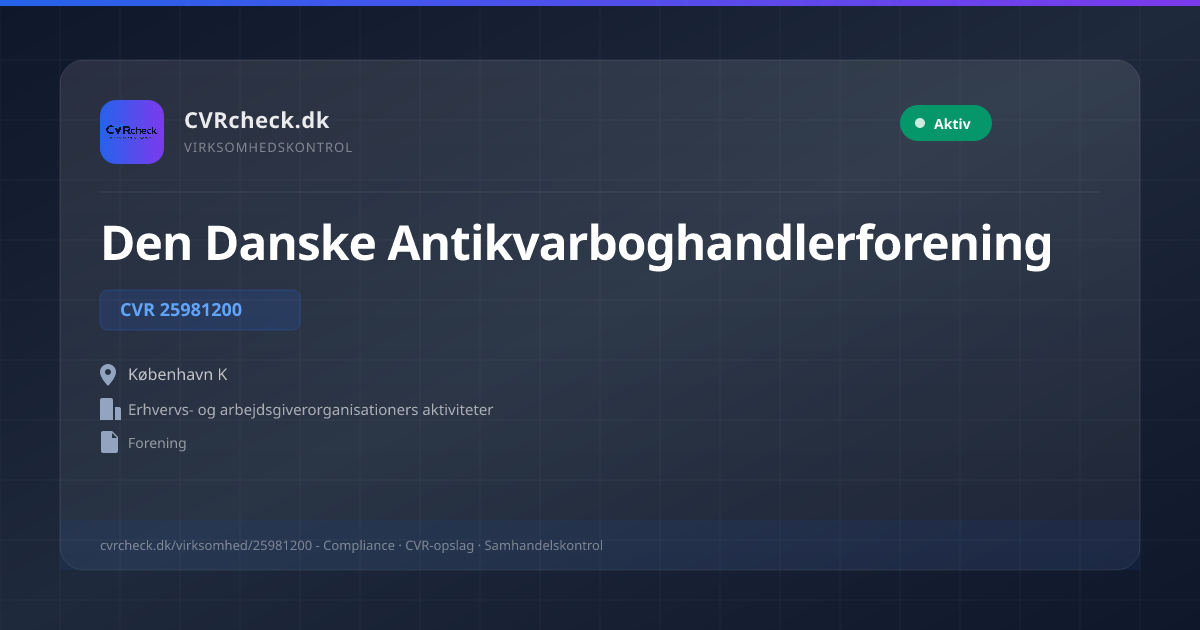 Visitkort: Den Danske Antikvarboghandlerforening, CVR 25981200, Erhvervs- og arbejdsgiverorganisationers aktiviteter, København K, Aktiv
