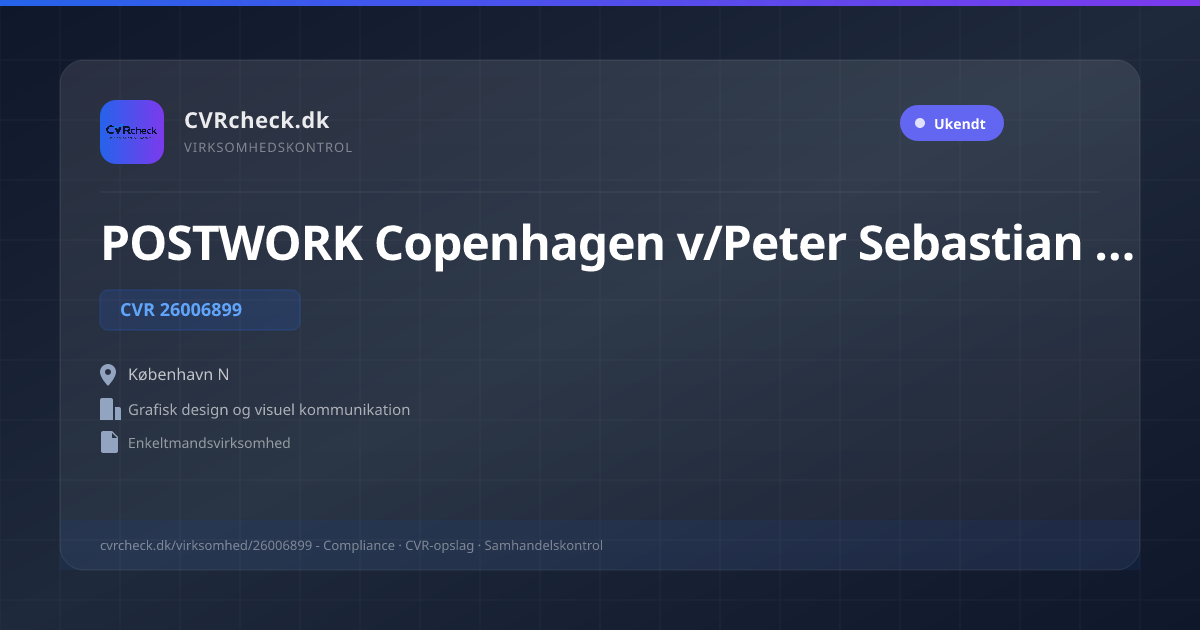 Visitkort: POSTWORK Copenhagen v/Peter Sebastian Foli-Elling, CVR 26006899, Grafisk design og visuel kommunikation, København N