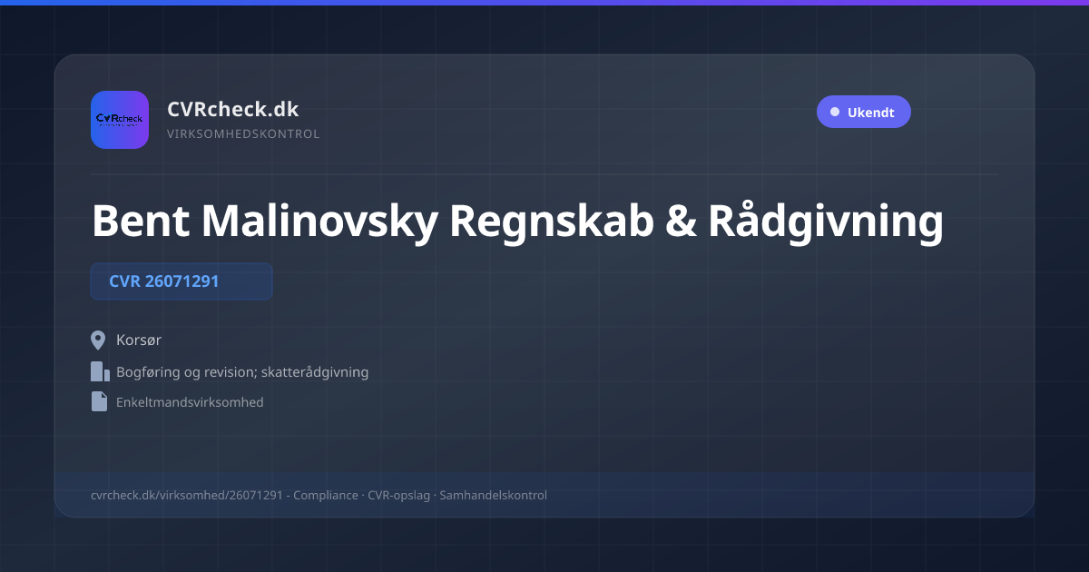 Visitkort: Bent Malinovsky Regnskab & Rådgivning, CVR 26071291, Bogføring og revision; skatterådgivning, Korsør