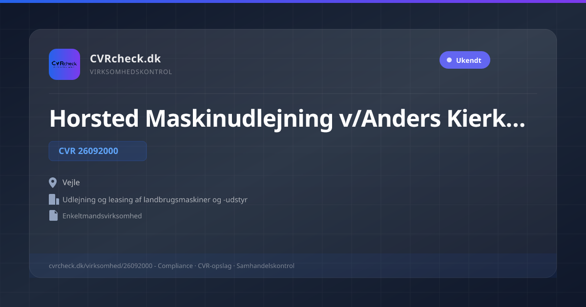 Visitkort: Horsted Maskinudlejning v/Anders Kierkegaard, CVR 26092000, Udlejning og leasing af landbrugsmaskiner og -udstyr, Vejle