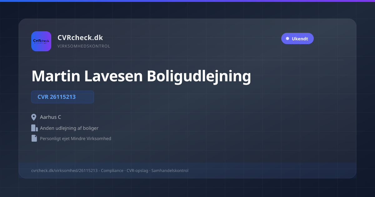 Visitkort: Martin Lavesen Boligudlejning, CVR 26115213, Anden udlejning af boliger, Aarhus C