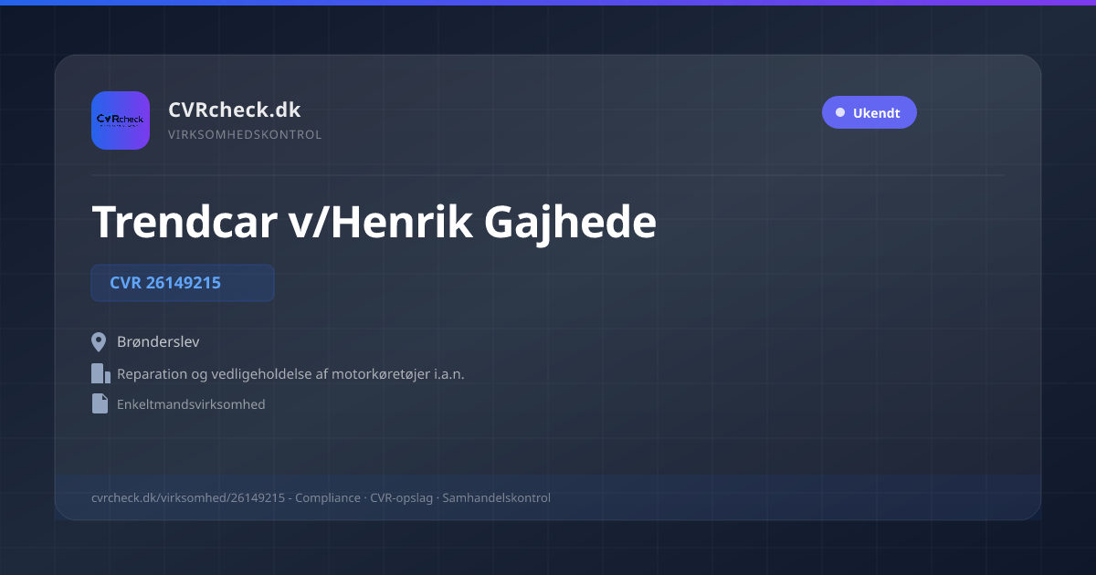 Visitkort: Trendcar v/Henrik Gajhede, CVR 26149215, Reparation og vedligeholdelse af motorkøretøjer i.a.n., Brønderslev