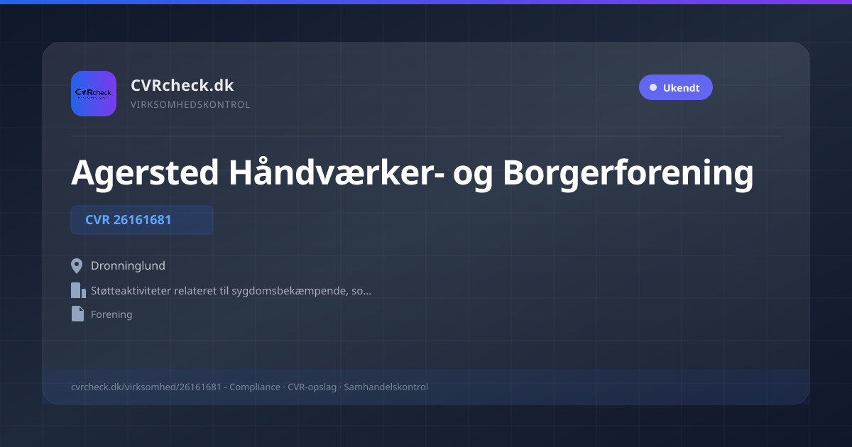 Visitkort: Agersted Håndværker- og Borgerforening, CVR 26161681, Støtteaktiviteter relateret til sygdomsbekæmpende, sociale og velgørende formål, Dronninglund