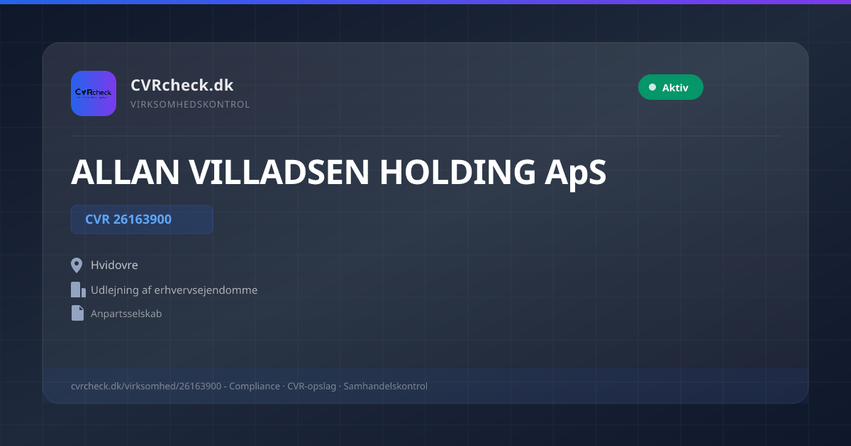 Visitkort: ALLAN VILLADSEN HOLDING ApS, CVR 26163900, Udlejning af erhvervsejendomme, Hvidovre, NORMAL