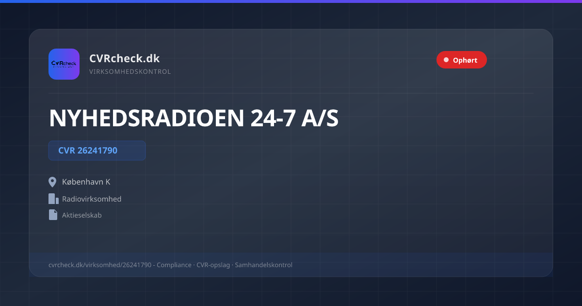 Visitkort: NYHEDSRADIOEN 24-7 A/S, CVR 26241790, Radiovirksomhed, København K, OPLØST EFTER FUSION