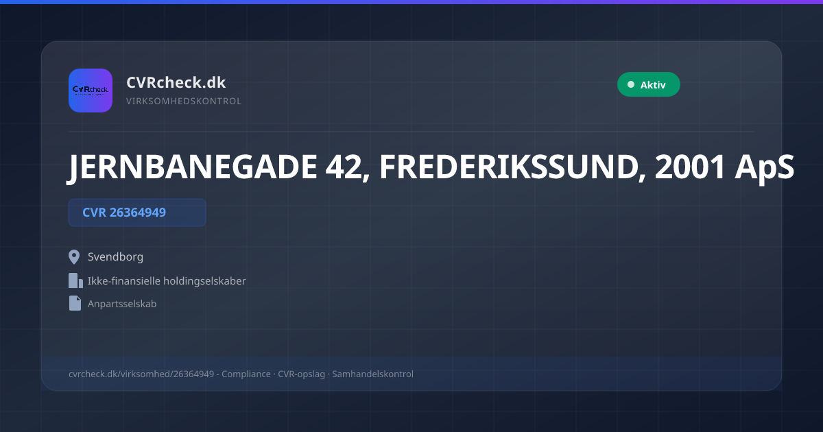 Visitkort: JERNBANEGADE 42, FREDERIKSSUND, 2001 ApS, CVR 26364949, Ikke-finansielle holdingselskaber, Svendborg, NORMAL