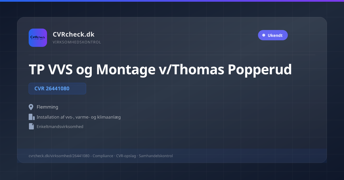 Visitkort: TP VVS og Montage v/Thomas Popperud, CVR 26441080, Installation af vvs-, varme- og klimaanlæg, Flemming