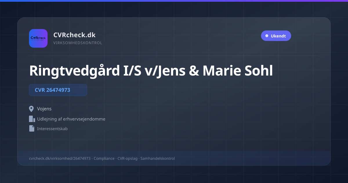 Visitkort: Ringtvedgård I/S v/Jens & Marie Sohl, CVR 26474973, Udlejning af erhvervsejendomme, Vojens