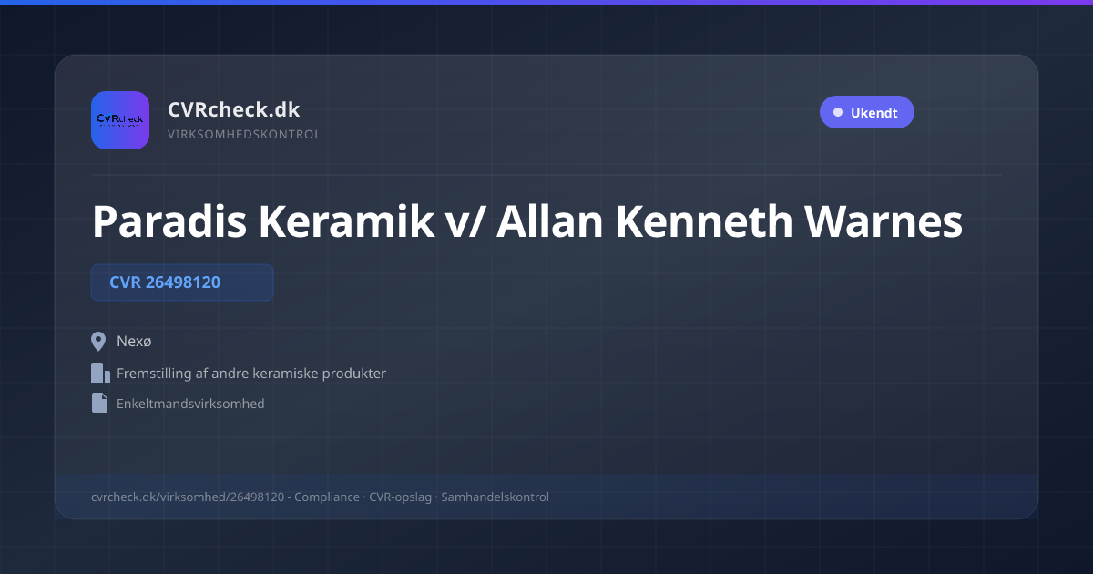 Visitkort: Paradis Keramik v/ Allan Kenneth Warnes, CVR 26498120, Fremstilling af andre keramiske produkter, Nexø