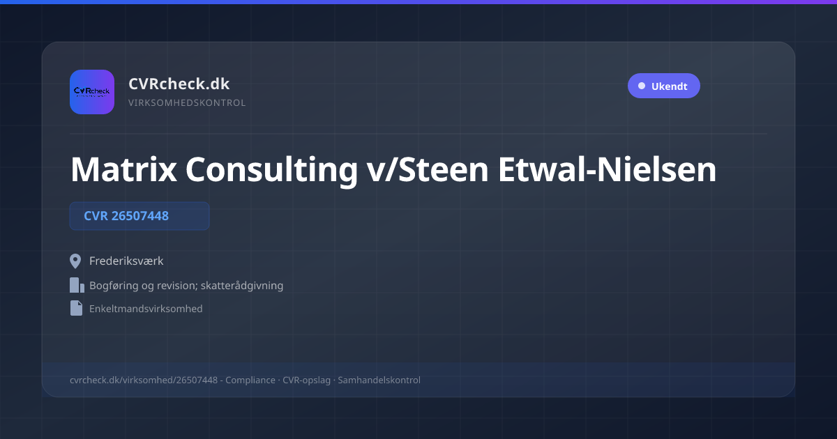 Visitkort: Matrix Consulting v/Steen Etwal-Nielsen, CVR 26507448, Bogføring og revision; skatterådgivning, Frederiksværk