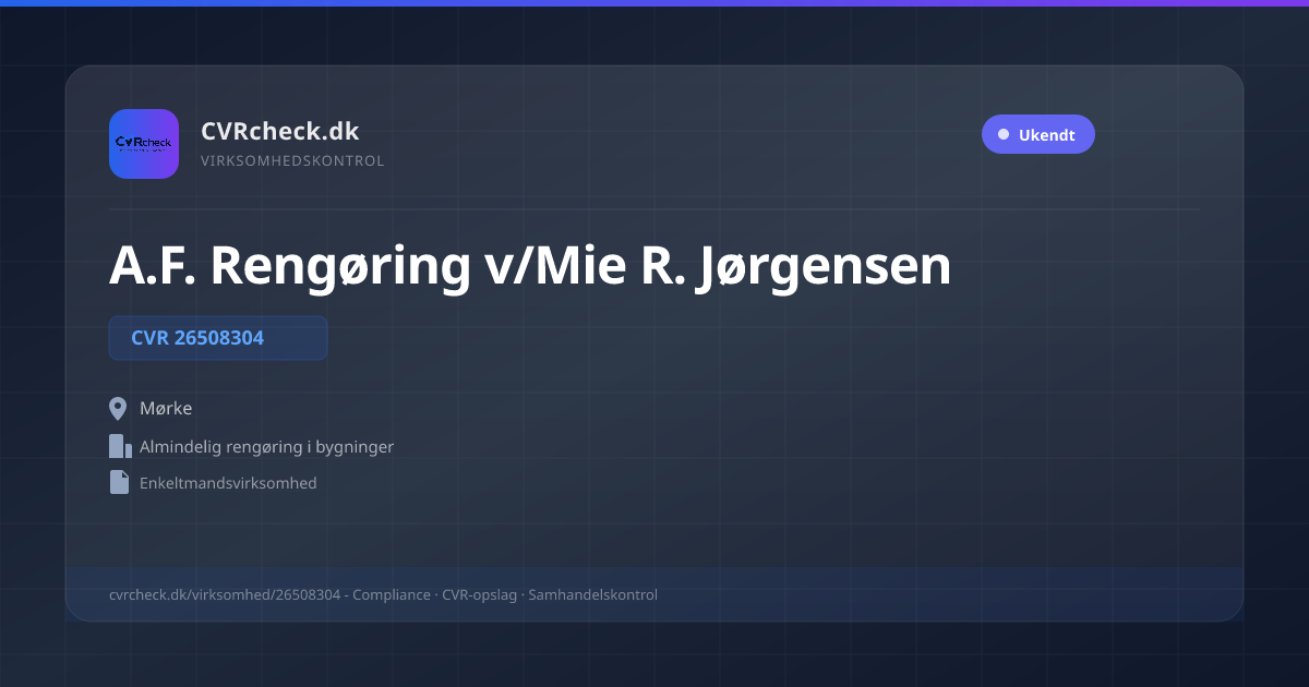 Visitkort: A.F. Rengøring v/Mie R. Jørgensen, CVR 26508304, Almindelig rengøring i bygninger, Mørke