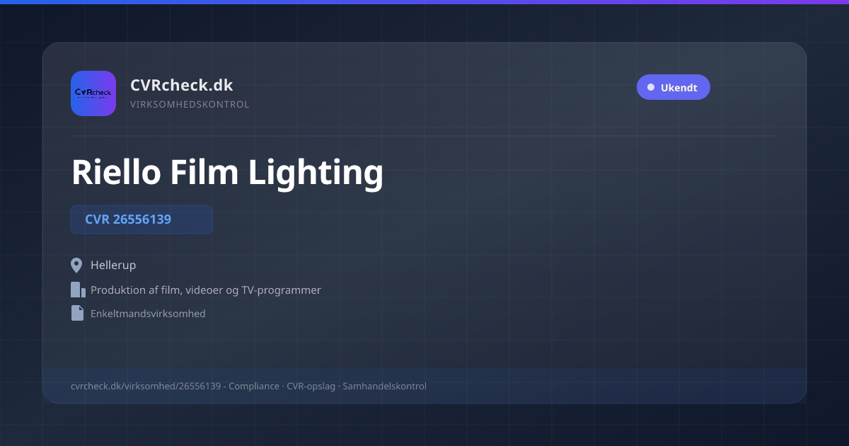 Visitkort: Riello Film Lighting, CVR 26556139, Produktion af film, videoer og TV-programmer, Hellerup