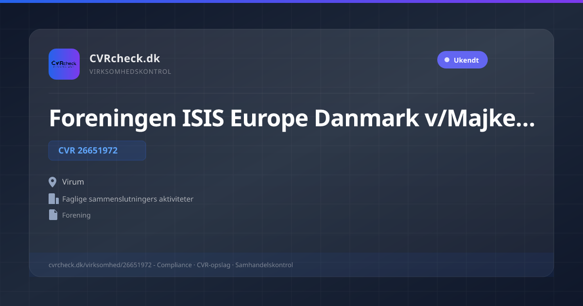 Visitkort: Foreningen ISIS Europe Danmark v/Majken Jacoby, CVR 26651972, Faglige sammenslutningers aktiviteter, Virum