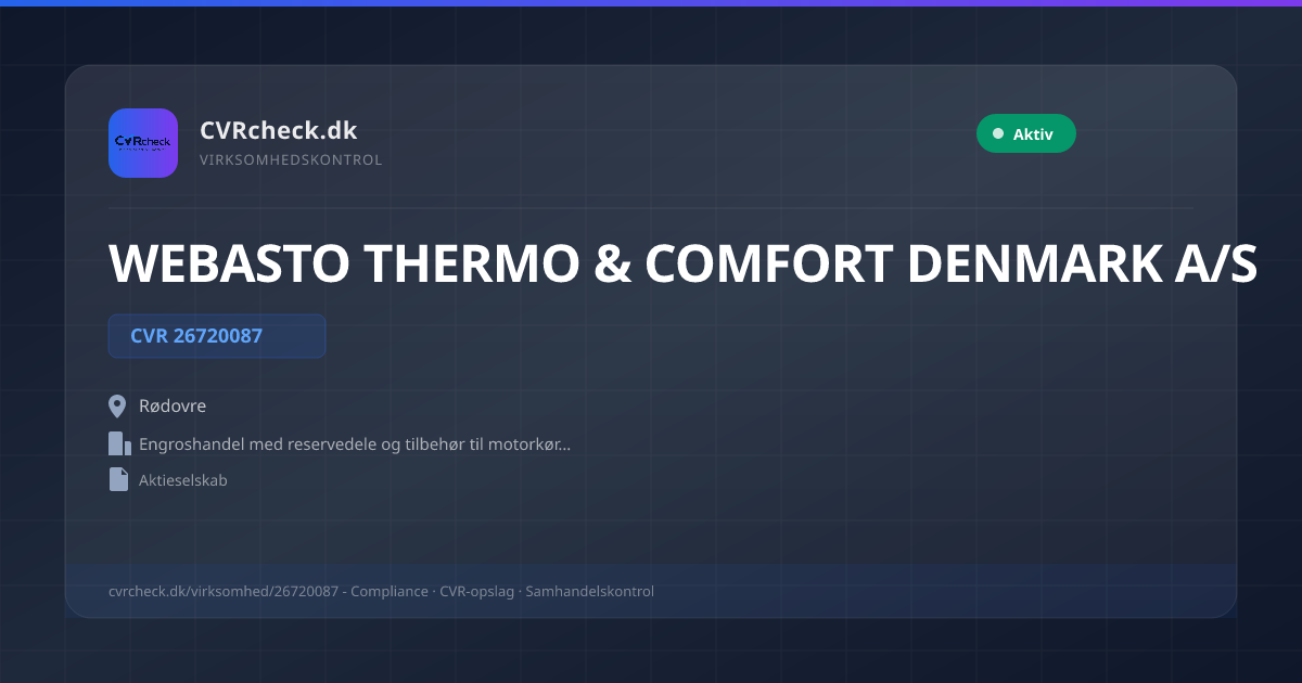 Visitkort: WEBASTO THERMO & COMFORT DENMARK A/S, CVR 26720087, Engroshandel med reservedele og tilbehør til motorkøretøjer, Rødovre, NORMAL