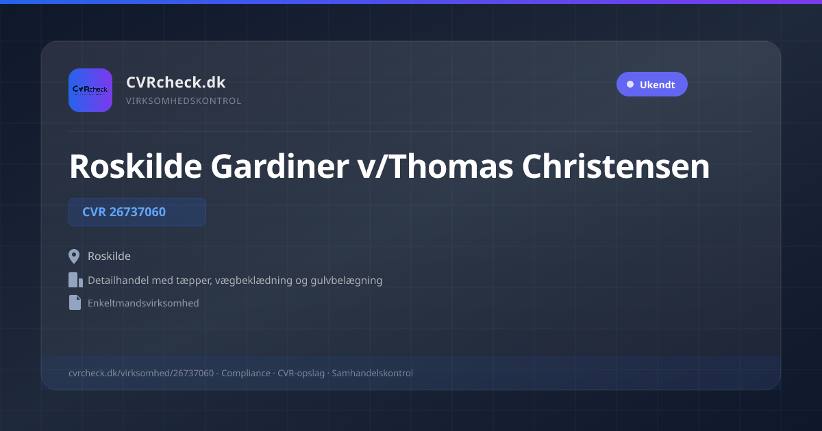 Visitkort: Roskilde Gardiner v/Thomas Christensen, CVR 26737060, Detailhandel med tæpper, vægbeklædning og gulvbelægning, Roskilde
