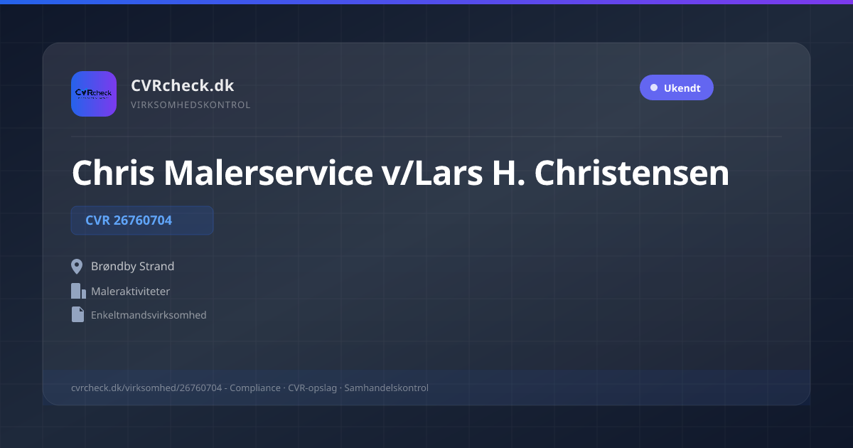 Visitkort: Chris Malerservice v/Lars H. Christensen, CVR 26760704, Maleraktiviteter, Brøndby Strand