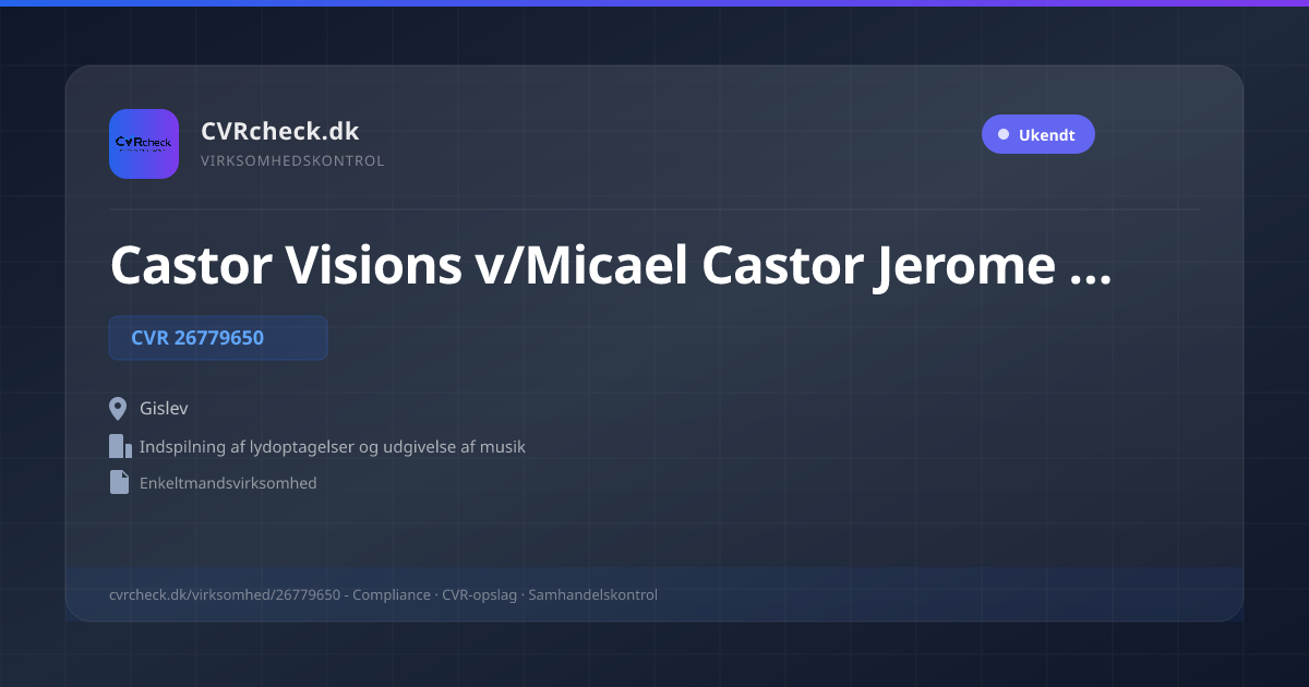 Visitkort: Castor Visions v/Micael Castor Jerome Andersen, CVR 26779650, Indspilning af lydoptagelser og udgivelse af musik, Gislev