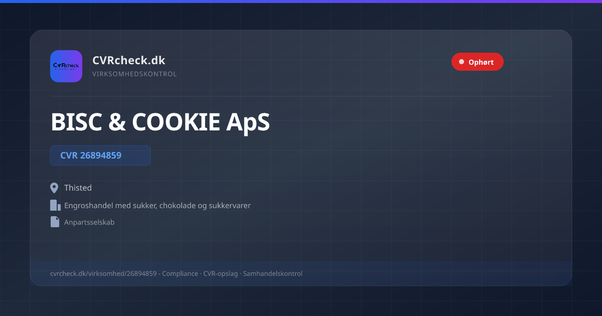 Visitkort: BISC & COOKIE ApS, CVR 26894859, Engroshandel med sukker, chokolade og sukkervarer, Thisted, OPLØST EFTER FRIVILLIG LIKVIDATION