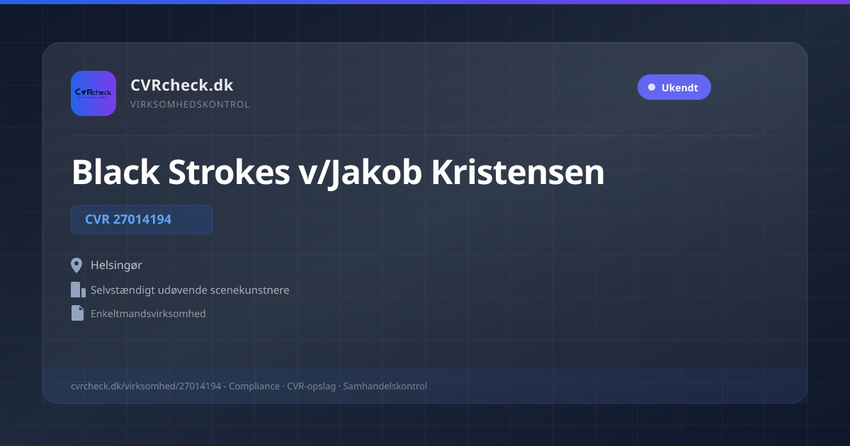 Visitkort: Black Strokes v/Jakob Kristensen, CVR 27014194, Selvstændigt udøvende scenekunstnere, Helsingør